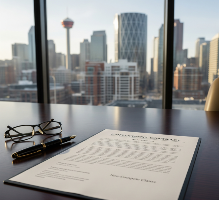 Executive desk in Calgary office featuring an employment contract with a non-compete clause, representing legal review in Alberta.