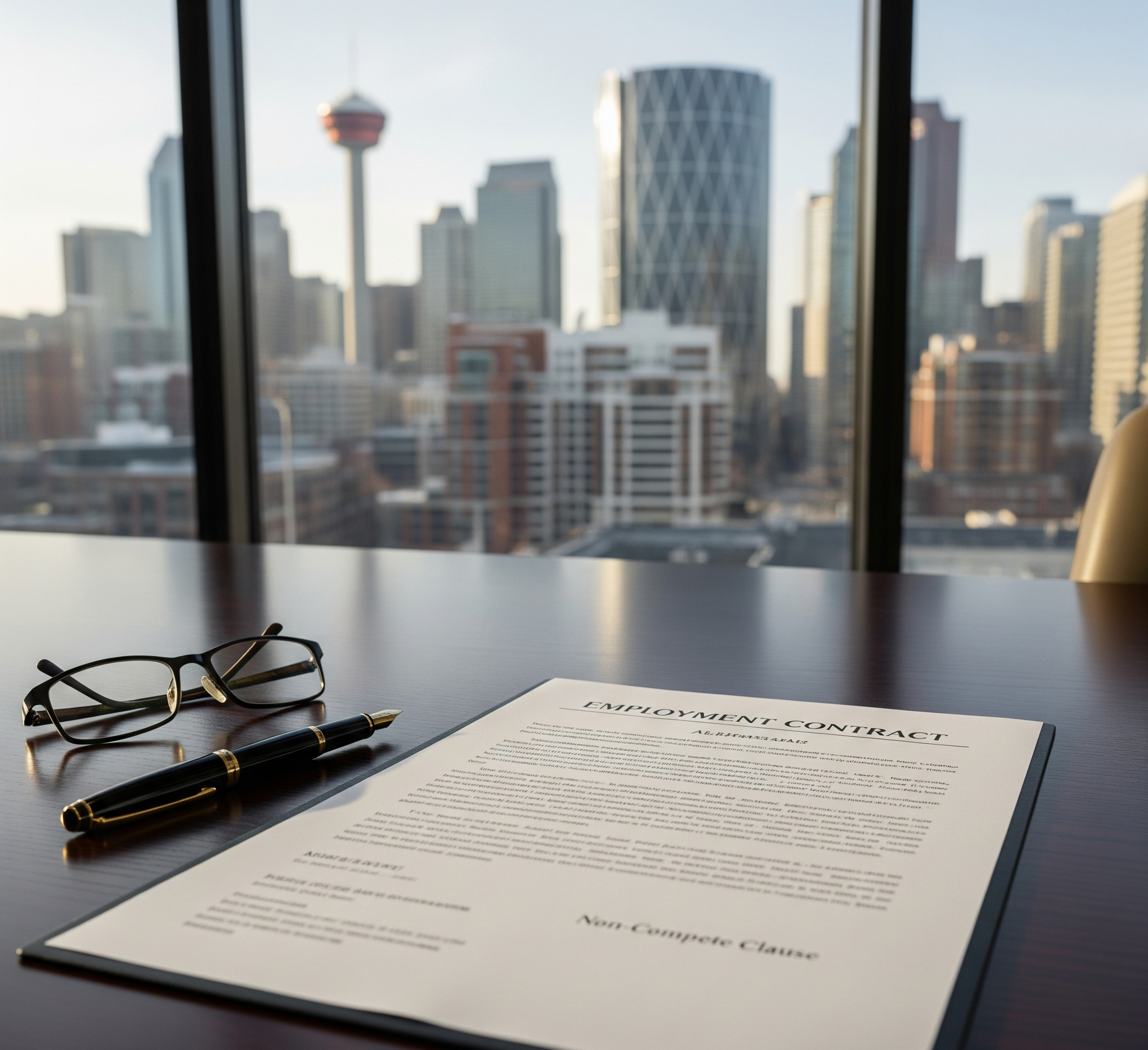 Executive desk in Calgary office featuring an employment contract with a non-compete clause, representing legal review in Alberta.