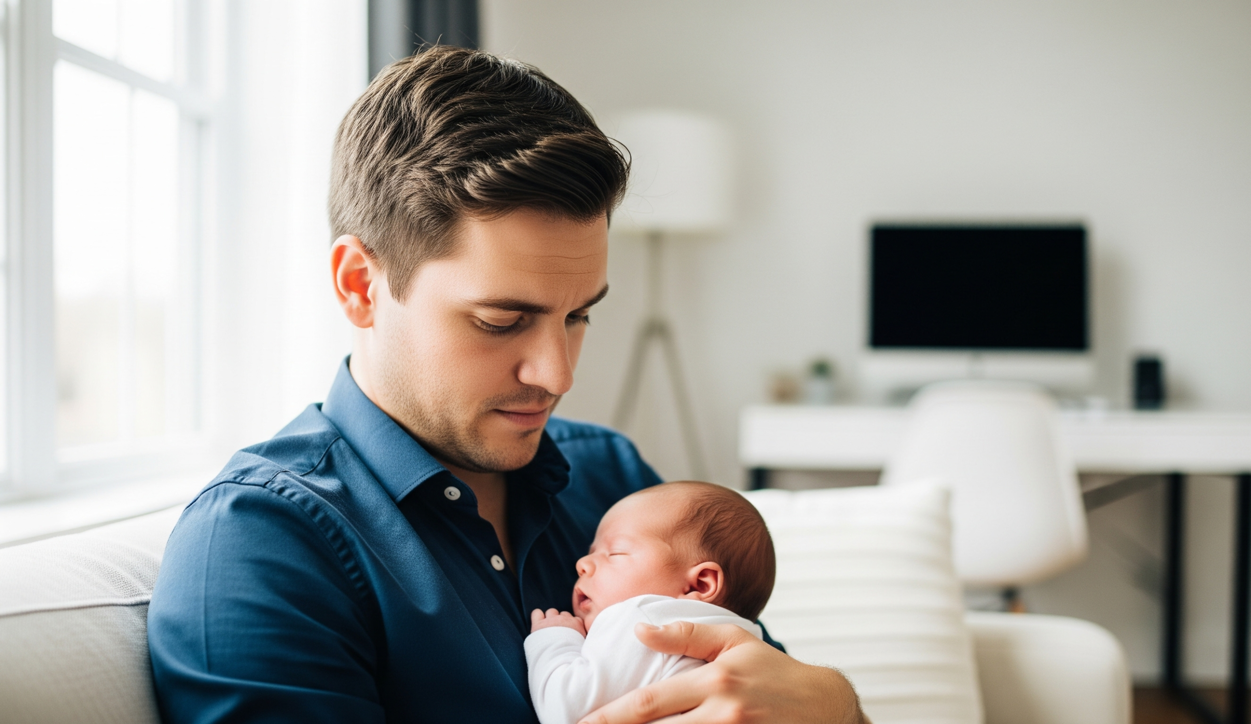 New father in Alberta holding newborn baby while considering parental leave job protection.