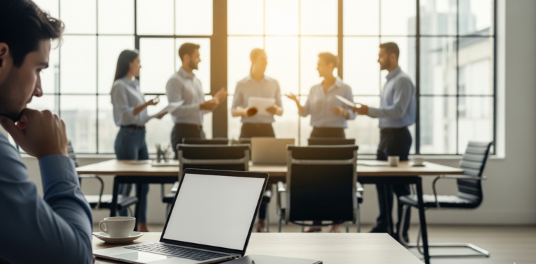 Silent firing and constructive dismissal in a modern office, showing an isolated professional at their desk while a team collaborates in the background